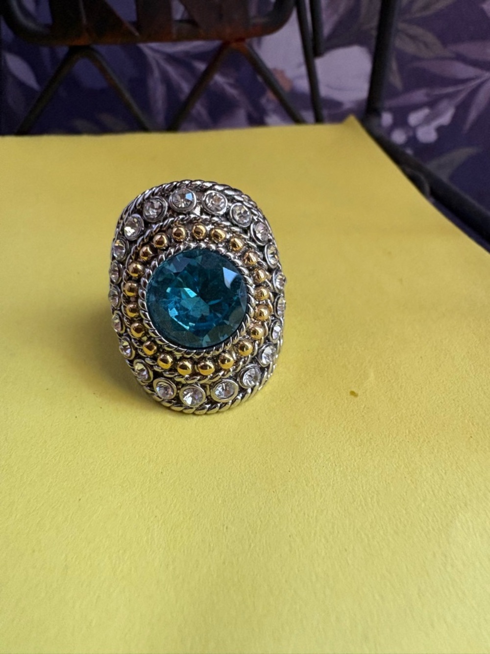 Bold Teal Crystal Statement Ring - Silver & Gold Accent